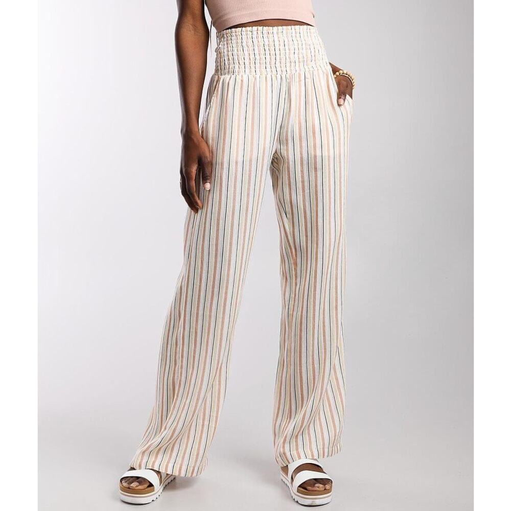 Billabong Pant Wide Leg New Waves Neutral Stripes Cotton Gauze Pockets Size Med - Picture 1 of 11